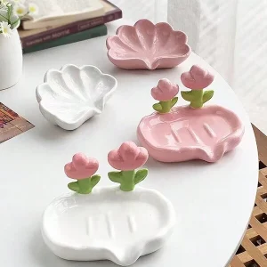 1pc Pink Plastic Soap Dish With Drain Tray, Creative Adhesive-Free Flower Shaped Soap Holder, Cute Soap Box For Sink, No Water Accumulation Pink