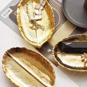 1pc Porcelain Jewelry Tray, Creative Leaf Design Jewelry Storage Display Showcase Holder Box For Home, Gift For Valentine's Day Gold