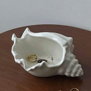 1pc Ceramic Sea Snail Shell Jewelry Storage Plate, INS Style Key Storage Tray, Ornament Decoration White