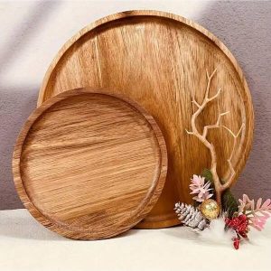 Rustic Style Wooden Tray Round Decorative Tray Vintage Centerpiece Candle Holder Tray Farmhouse Ottoman Tray For Home Decor Accent Coffee Table Yellow