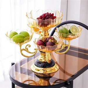 1pc Fruit Plate Divided Serving Dishes, Decorative, Rotating Snack Serving Tray Flower Shape Appetizer Platter For Living Room, Yellow Christmas Gift Crystal Yellow