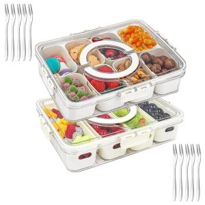 Divided Serving Tray With Lid And Handle, Portable Snack Containers Snackle Box Snack Tray With Lid, Veggie Tray Charcuterie Boxes Fruit Tray Candy Organizer (8 Compartments) 2pcs-8+8 Compartments(Many people choose)