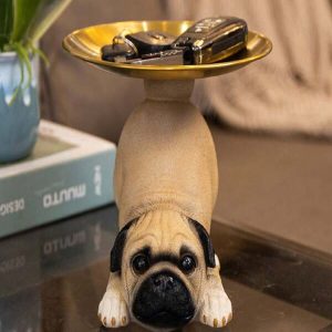 Creative Storage Tray Pug Statue Storage Plate Cute Dog Key Candy Snack Storage Ornaments Animal Sculpture, Office Tabletop Decor Brown