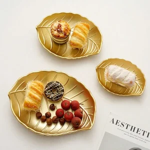 1pc/3pcs Gold Leaf Shaped Serving Tray, Suitable For Snacks, Candy, Bread, Sushi, Gold Foil Jewelry Dish, Fruit Display, Creative Gold Tray Decor Gold