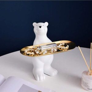 Creative Resin Crafts Animal Figurines Sculpture White Polar Bear Statue Storage Tray Cabinet Living Room Home Office Table Desktop Decoration Key Snacks Fruit Holder Plate Ornaments Accessories Polar Bear