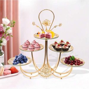 Dessert Cupcake Stand Crystal Glass Cake Tiered Tray,5 Plates Cake Holder Dessert Fruit Candy Plate For Tea Party Wedding Birthday Decoration Clear+Gold